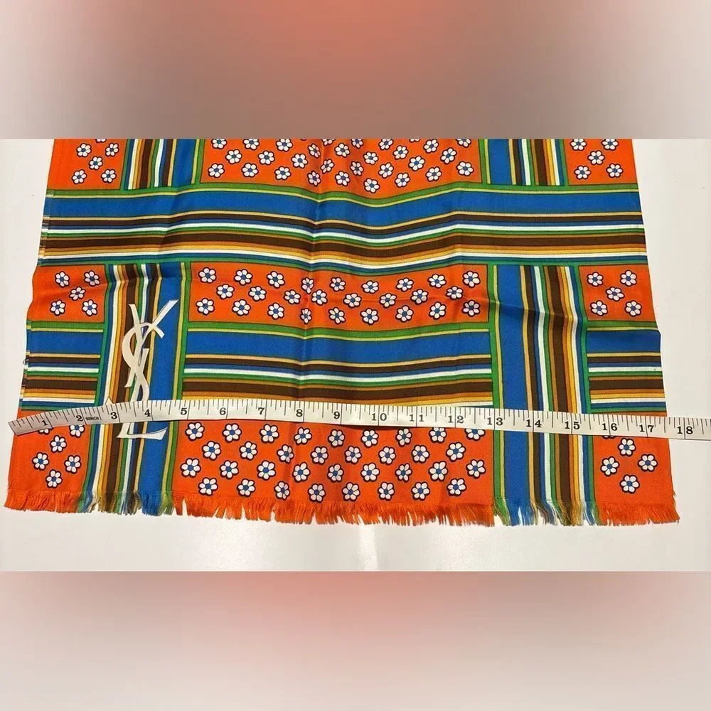 Vintage Yves Saint Laurent Rétro Bright Multicolor Floral Striped Silk Scarf
